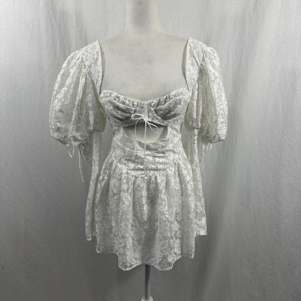 For Love And Lemons Frances White Puff Sleeve Mini Dress Womens XS Lace Coquette